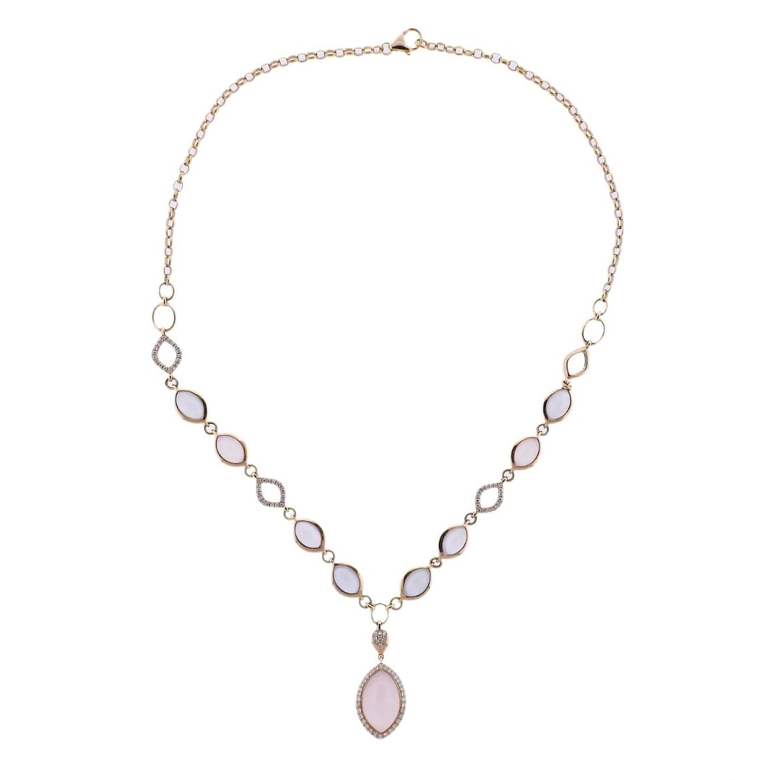 Bucherer Gold Diamond Aquamarine Chalcedony Quartz Necklace: Metal : 18k Rose Gold Designer : Bucherer Gemstone : Diamonds 0.83ctw, Chalcedony 3.01ctw, Aquamarine 6.28ctw, Quartz 13.84ctw. Measurements : Necklace is 18" long, pendant 37 x 15mm. Marke