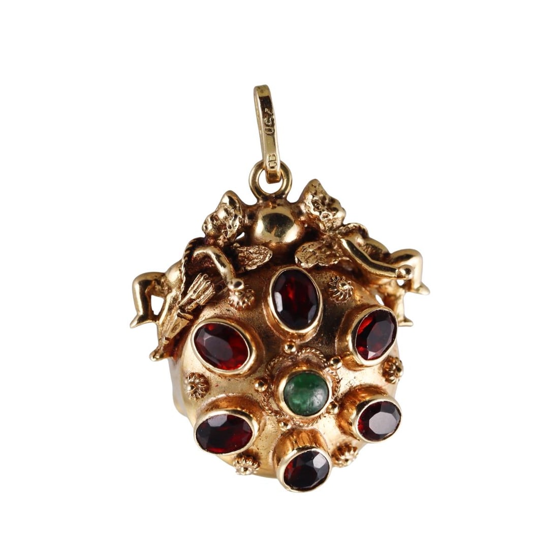 Bucherer Vintage 18k Gold Garnet Chrysoprase Watch Pendant: Metal : 18k Yellow Gold Designer : Bucherer Movement : Manual wind - working order. Measurements : Case 18mm . Charm is 35mm x 32mm. With garnets and chrysoprase. Reference/Model: : n/a.