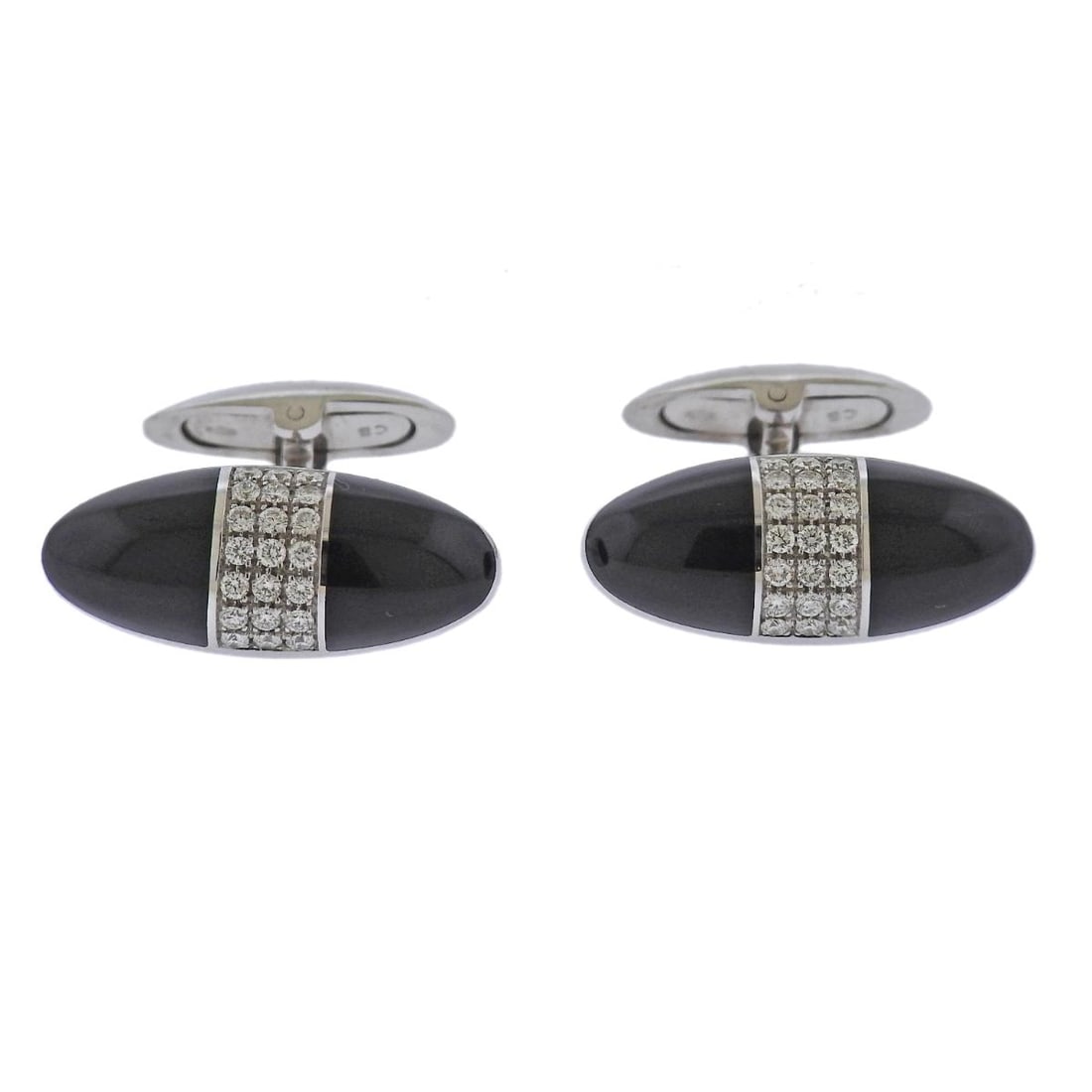 Bucherer Gold Diamond Onyx Cufflinks: Metal : 18k White Gold Designer : Bucherer Gemstone : Diamonds 0.50ctw, Onyx. Measurements : Cufflink top is 24mm x 10mm. Marked: : CB 750. Weight: :13.5 grams Con