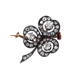 Antique Silver Gold 2ctw Diamond Shamrock Brooch