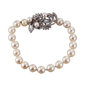 Midcentury 14k Gold Diamond Pearl Bracelet