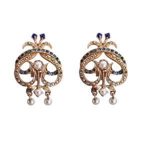 Antique 14k Gold Seed Pearl Sapphire Earrings