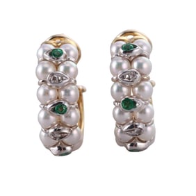 Italian Mikawa for Damiani Gold Diamond Emerald Pearl Hoop Earrings
