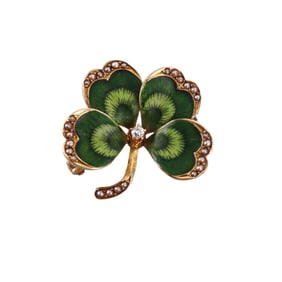 Antique 14k Gold Seed Pearl Diamond Enamel Shamrock Brooch