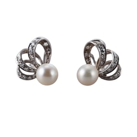 Midcentury 14k Gold Diamond Pearl Earrings
