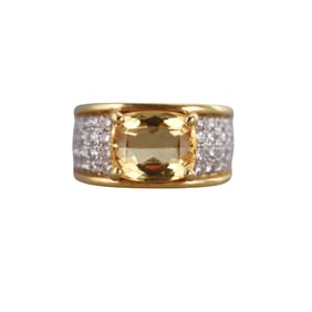 18k Gold 4ct Yellow Beryl Diamond Ring