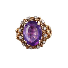 1960s 14k Gold Amethyst Diamond Cocktail Ring