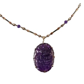 Art Deco 14k Gold Carved Amethyst Enamel Pendant Necklace