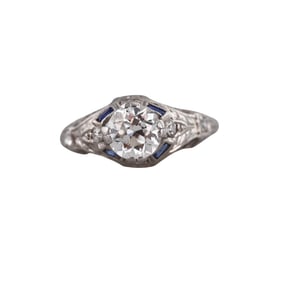 Art Deco Platinum Old European Diamond Sapphire Engagement Ring