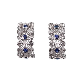 18k Gold Diamond Sapphire Flower Half Hoop Earrings