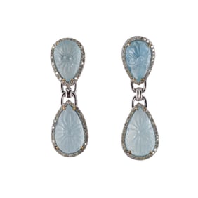 30.34ctw Carved Aquamarine Diamond Silver 14k Gold Earrings