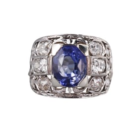 Art Deco 14k Gold 5ct Sapphire 2.00ctw Diamond Ring