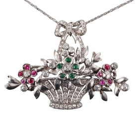Mid Century Platinum Diamond Ruby Emerald Basket Brooch Silver Pendant Necklace
