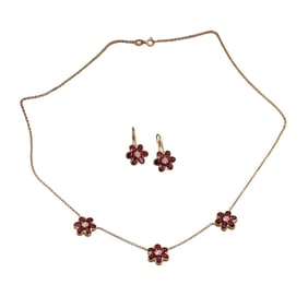 18k Gold Pink Tourmaline Diamond Flower Earrings Necklace Set