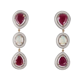 14.20ctw No Heat Ruby 1.87ctw Opal Diamond Silver 14k Gold Earrings