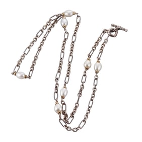 David Yurman Silver 18k Gold Pearl Long Toggle Necklace
