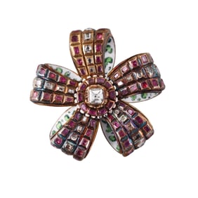 Antique 18k Gold Enamel Table Cut Diamond Ruby Bow Brooch