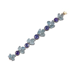 54.27ctw Carved Aquamarine 28.37ctw Tanzanite Silver 14k Gold Diamond Bracelet