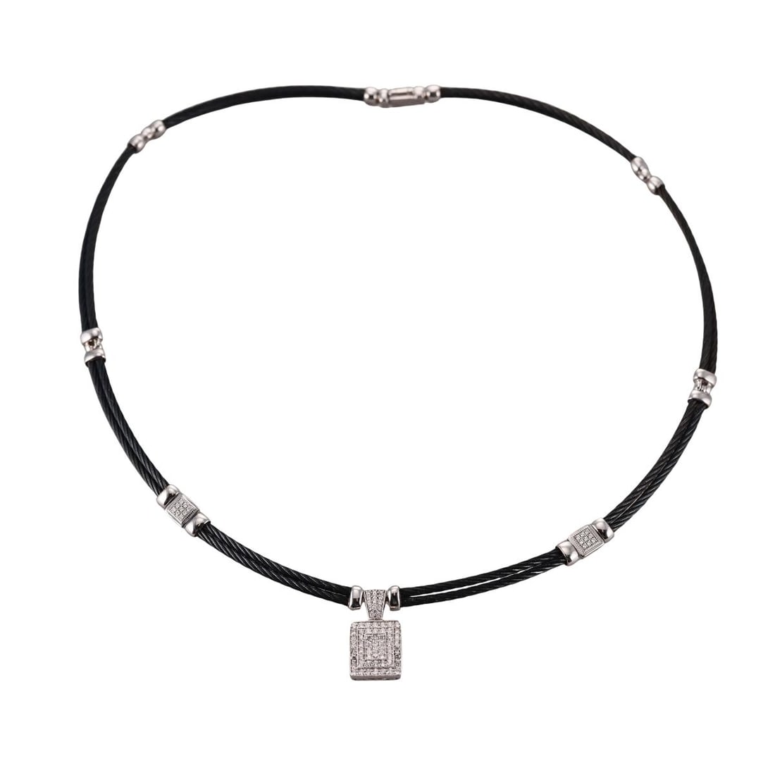 Charriol 18k Gold Black Steel Diamond Necklace: Metal : 18k White Gold / Blackened Steel Designer : Charriol Gemstone : Diamonds approx. 0.65ctw. Measurements : Necklace is 15.5" long, pendant is 22 x 12mm. Marked: : Charriol hallm