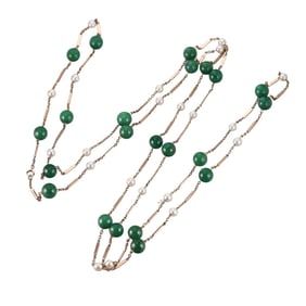Art Deco 14k Gold Aventurine Pearl Long Necklace