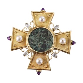 18k Gold Ancient Coin Diamond Amethyst Pearl Maltese Cross Brooch