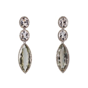 28.82ctw Prasiolite 8.69ctw Crystal Diamond Silver 14k Gold Earrings