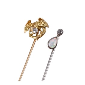 Antique 18k Gold Opal Diamond Stick Pin Lot of 2