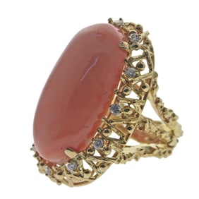1970s 18k Gold Diamond Coral Cocktail Ring