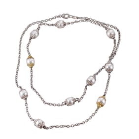 Judith Ripka 18k Gold Silver Pearl Long Station Necklace