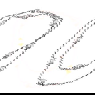 Judith Ripka 18k Gold Silver Pearl Long Station Necklace: Metal : 18k Yellow Gold/ Sterling Silver Designer : Judith Ripka Gemstone : Pearls 10mm. Measurements : Necklace is 34" long. Marked: : JR Two, 18k, 925. Weight: : 44.5 gra