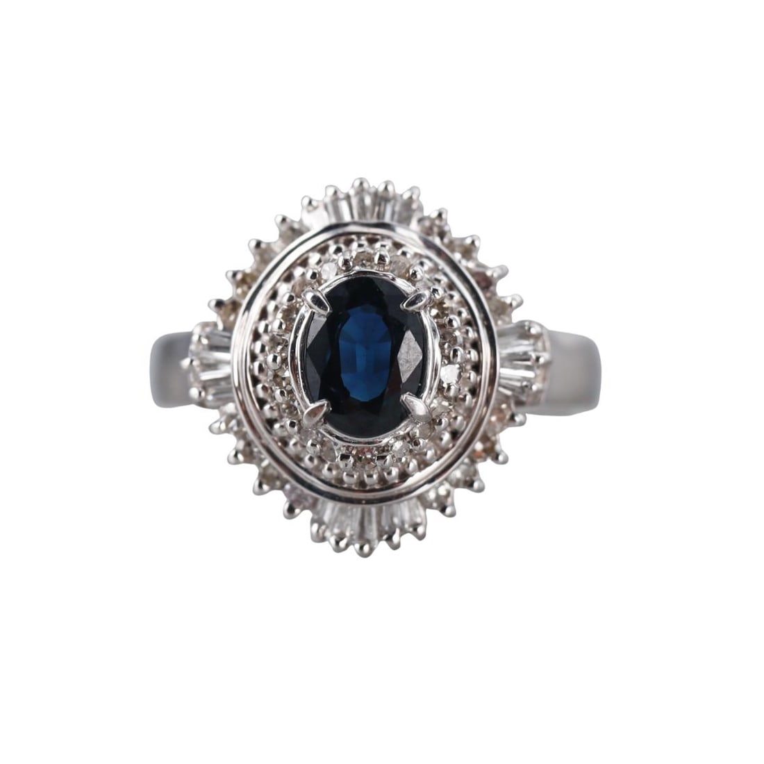 Platinum Diamond Sapphire Ring: Metal : Platinum Designer : Not Signed Gemstone : Diamonds 0.81ctw, Sapphire 0.97ct. Measurements : Ring size 7.25, top is 17mm x 16mm. Marked: : D0.81, S0.97, 900pt. Weight: