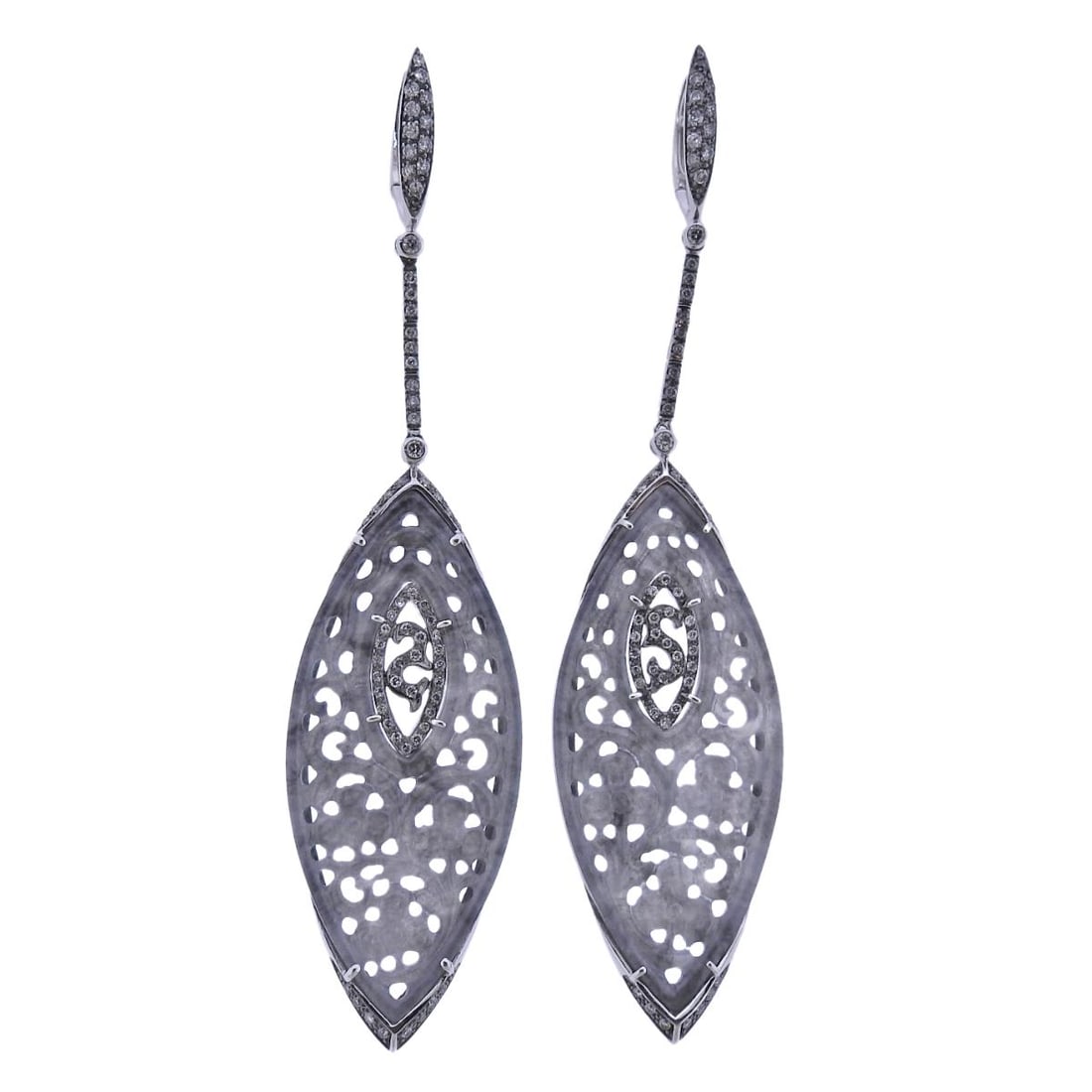 Bucherer Gold Diamond Carved Jade Long Drop Earrings: Metal : 18k White Gold Designer : Bucherer Gemstone : Diamonds approx. 0.78ctw, Carved jade 28.01ctw. Measurements : Earrings are 85mm x 21mm. Marked: : CB, 750. Weight: :