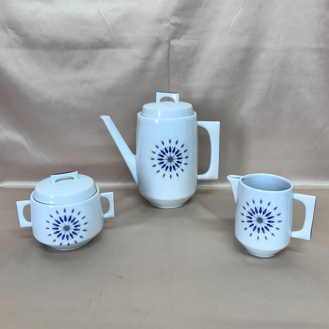 3pc Bernardaud Limoges Orion Coffee Serving Set: Material : Porcelain Designer : Bernardaud Measurements : Coffee pot - 7 1/4" , Creamer - 4" , Sugar bowl - 3 1/2" Marked: : Bernardaud Limoges France Orion Condition: : New Additional: