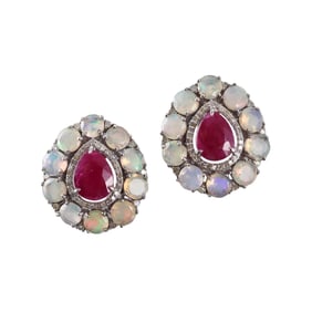 5.70ctw No Heat Ruby 5.60ctw Opal Diamond Silver 14k Gold Earrings