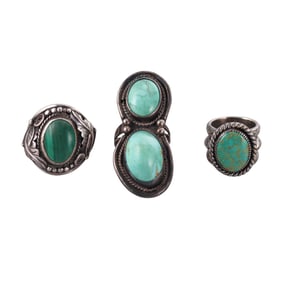 Native American Sterling Silver Turquoise Malachite Ring Lot of 3