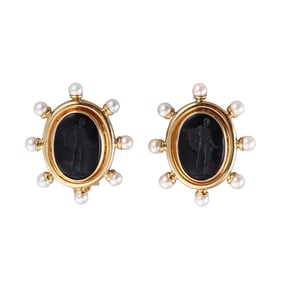 Elizabeth Locke 18k Gold Onyx Intaglio Pearl Earrings