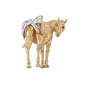 18k Gold Diamond Ruby Horse with a Bow Brooch