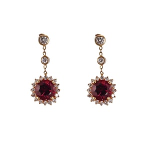 18k Gold Rhodolite Garnet Diamond Drop Earrings