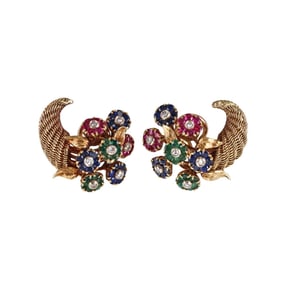 Tiffany & Co Retro 18k Gold Diamond Ruby Emerald Sapphire Earrings