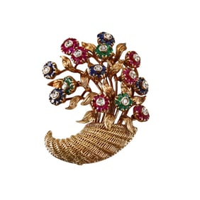 Tiffany & Co Retro 18k Gold Diamond Ruby Emerald Sapphire Brooch