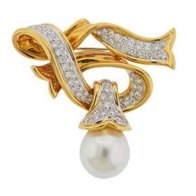 Angela Cummings Assael South Sea Pearl Diamond Gold Platinum Brooch Pendant