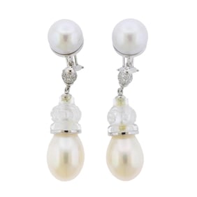 Seaman Schepps Carved Rock Crystal Pearl Diamond Gold Earrings