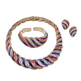 1960s Gold Diamond Coral Turquoise Enamel Necklace Earrings Bracelet Suite