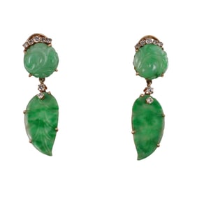 14k Gold Carved Jade Diamond Drop Earrings