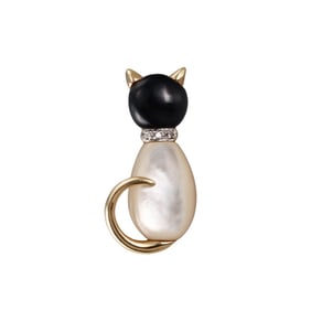 14k Gold Mother of Pearl Onyx Diamond Cat Brooch