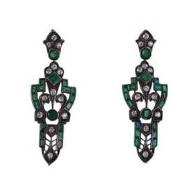 Antique Silver Gold Emerald Diamond Earrings