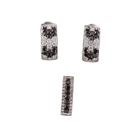 14k Gold Black & White Diamond Pendant Earrings Set