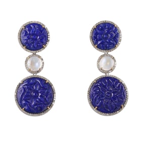 Carved Lapis Moonstone Diamond 14k Gold Silver Earrings