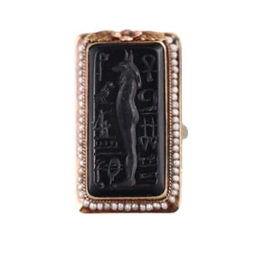 Antique Victorian Egyptian Hieroglyph Intaglio Seed Pearl 14k Gold Ring