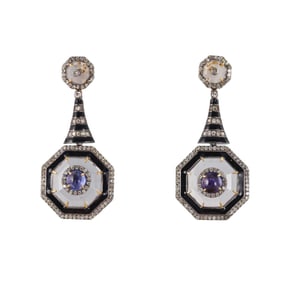 2.06ctw Tanzanite 12.41ctw Crystal Diamond Enamel Silver 14k Gold Earrings